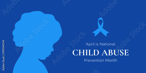 National child abuse prevention month banner template. April design with blue ribbon and boy head. Vector flyer, poster, info web.