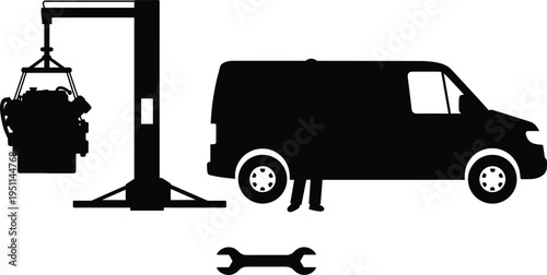 Car repair silhouette vector illustration, mechanic working with van engine, garage service design, automotive maintenance concept, black isolated wrench and vehicle graphic