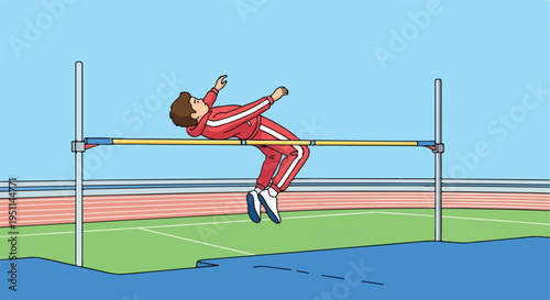 Athlete in red tracksuit performs a high jump over a yellow bar at stadium