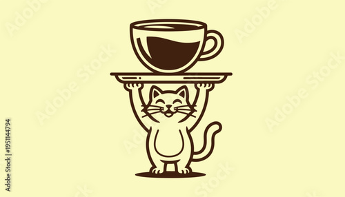 A charming illustration of a cute cat carrying a large cup of hot coffee on a tray for service
