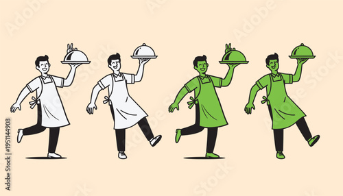 A collection of illustrated waiters in white and green aprons carrying food platters with pride
