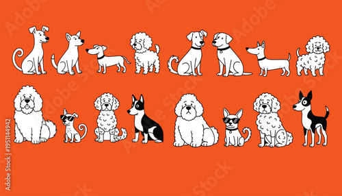 A collection of various dog breeds illustrated in a simple black and white style on orange background