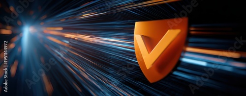 Digital Shield - Orange Security Symbol with Dynamic Light Streaks.