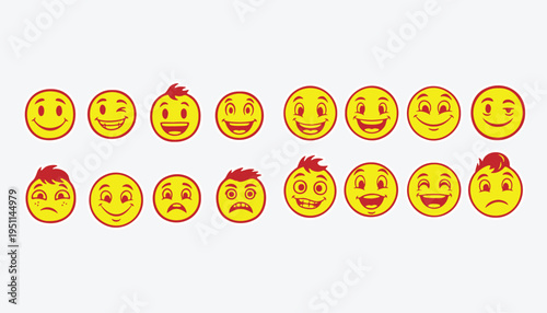 A collection of sixteen diverse yellow circular emoticons displaying various human facial expressions
