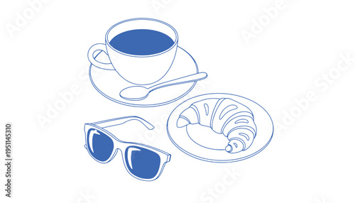 A minimalist blue line art illustration featuring a cup of coffee, a flaky croissant and glasses