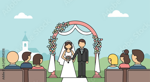 A wedding ceremony takes place outdoors with a decorated arch, bride, groom, and guests