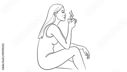 A black and white line art illustration of a woman sitting and holding a steaming cup of coffee