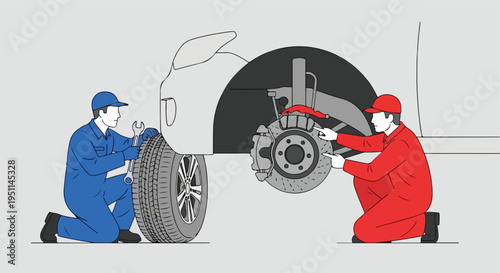 Two mechanics in colorful uniforms inspect a car's wheel and brake system