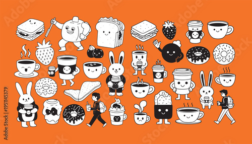 A collection of cute hand drawn doodles featuring coffee snacks and friendly rabbit characters