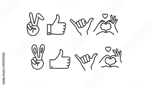A collection of simple line art hand gesture icons including victory signs and heart hand shapes