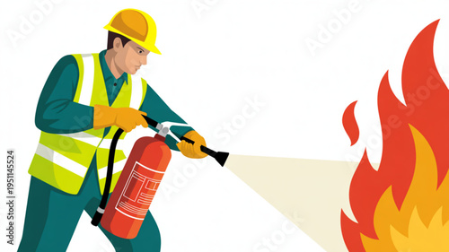 Firefighter with extinguisher fighting flames safety professional in uniform and hard hat concept of emergency response and fire prevention isolated on white background