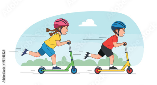 Two children in helmets playfully race on colorful scooters outdoors