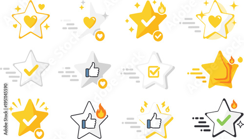 Golden star rating and review badge collection with check marks, hearts, thumbs up and flame icons, premium feedback, favorite and quality evaluation vector set
