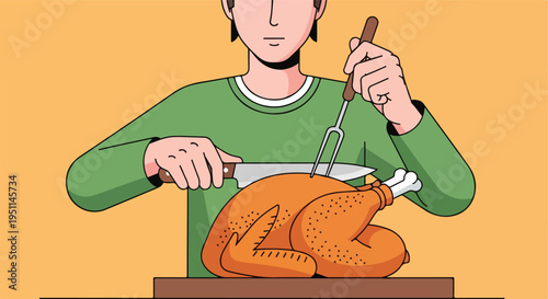 Person in green shirt carving a whole roasted chicken with fork and knife