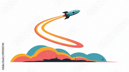 Retro rocket ship blasting off through colorful clouds abstract illustration of space exploration and startup concept vector art on white background