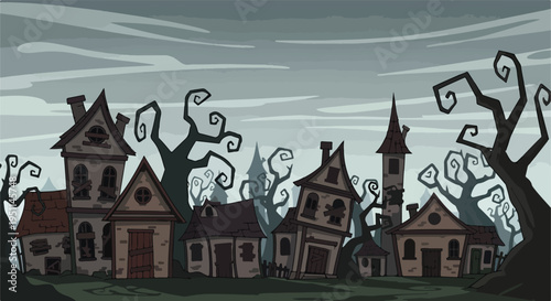 A spooky village of crooked, dilapidated buildings under a stormy sky