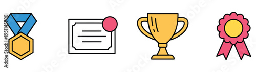Recognition and honor icon bundle, suitable for graduation themes, formal appraisals, or corporate incentive programs, vector illustrations