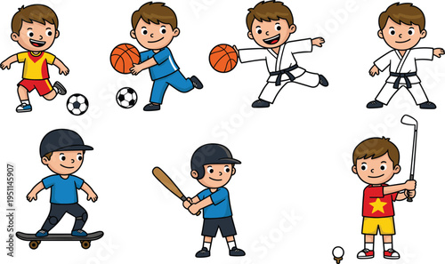 Cartoon boys playing different sports, soccer, basketball, baseball, karate, skateboarding, golf, cute kids character vector illustration for fitness, activity, training design