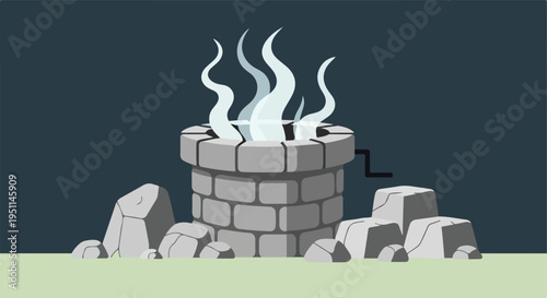 A stone well with a crank releases steam into a dark sky