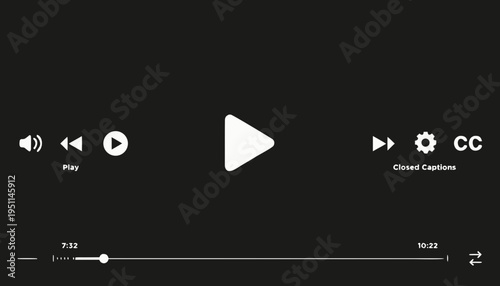"A professional, minimalist graphic design of a modern video player user interface (UI), isolated on a solid dark charcoal background. The interface features a prominent white 'play' triangle icon in 
