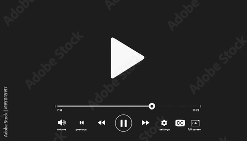 "A professional, minimalist graphic design of a modern video player user interface (UI), isolated on a solid dark charcoal background. The interface features a prominent white 'play' triangle icon in 