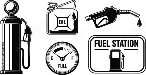 Gas station icons set includes a vintage pump, fuel nozzle, oil can, gauge showing full level, and a sign indicating.