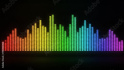 Vibrant rainbow colored o equalizer bars pulsating on a dark background