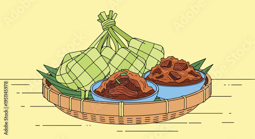 A woven basket holds diamond-shaped rice parcels and two bowls of savory meat dishes