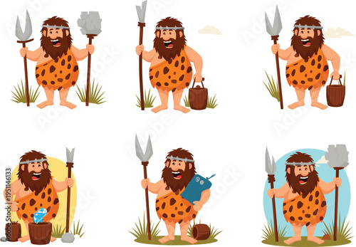 Cartoon caveman holding spear and stone tools, prehistoric man with bucket, primitive lifestyle, stone age character, survival concept, vector illustration design