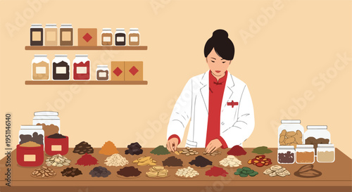 A practitioner in a lab coat sorts through piles of ingredients in jars and bowls