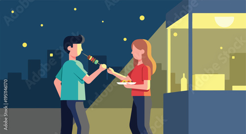 Couple enjoying street food at night, city skyline in background