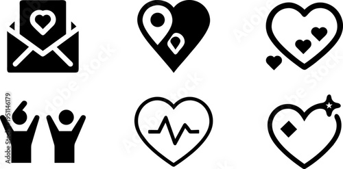 Love Communication and Healthcare Icon Set Black Heart Message Location Pulse Family Care Vector Collection