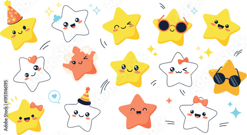 Cute kawaii star character collection with funny facial expressions, sunglasses, party hat and bow elements, adorable cartoon mascot vector set for kids design, stickers, decoration