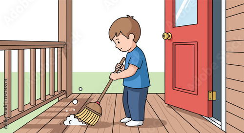 Wallpaper Mural A young boy sweeps a wooden porch with a red door Torontodigital.ca