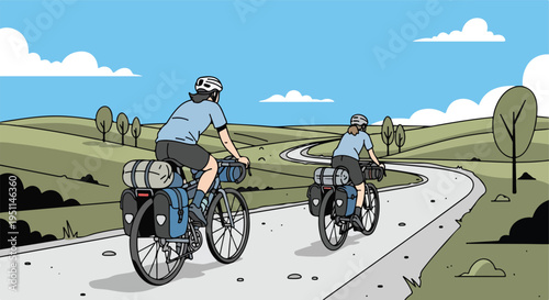 Two cyclists with loaded bikes ride along a winding road through rolling hills