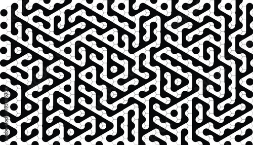 Abstract geometric pattern illustration featuring black interlocking maze lines and circular dots on a white background creating a complex monochromatic labyrinth for modern design.