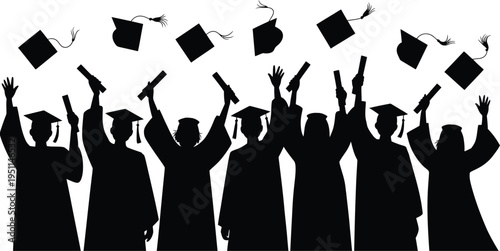 Graduation crowd silhouette illustration, happy people in mantles tossing academic caps symbolizing university college success celebration and graduation ceremony.