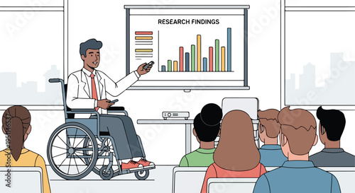 Person in wheelchair presents research findings to an audience in a conference room