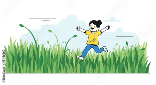 Wallpaper Mural A joyful child runs through lush green grass under a cloudy sky Torontodigital.ca