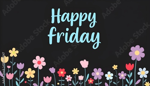 Colorful floral design with happy friday text on black background with flowers