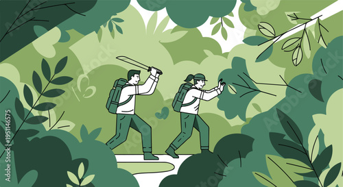 Two explorers navigate a dense jungle environment with machete