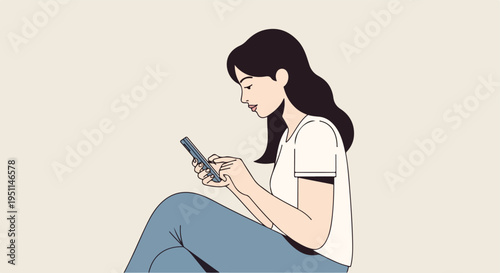 A young person with dark hair is sitting and looking at their phone