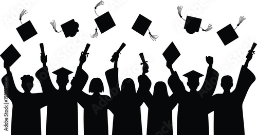 Graduation crowd silhouette illustration, cheerful graduates throwing caps in the air, representing a university college ceremony celebration and a student achievement moment.