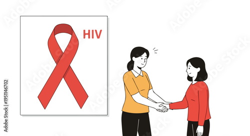 Two women shake hands in front of a red ribbon for HIV awareness