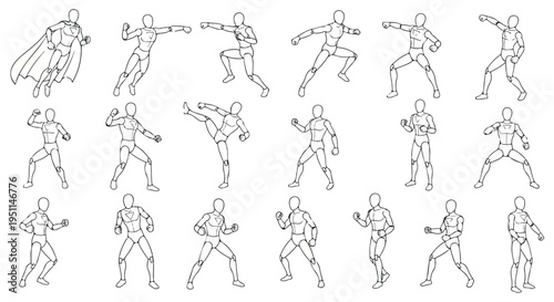 Set of 20 Superhero Action Poses Line Art Vector Illustration