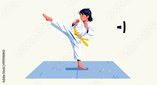 A young person in a white karate uniform performs a high kick on a blue mat