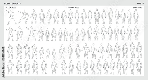 Human body templates for fashion design, set of 70 male croquis in action and standing poses, diverse body types and anatomical figure outlines