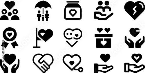 Love and Care Icon Set Black Silhouette Heart Charity Support Family Protection Donation Medical Healthcare Vector Collection