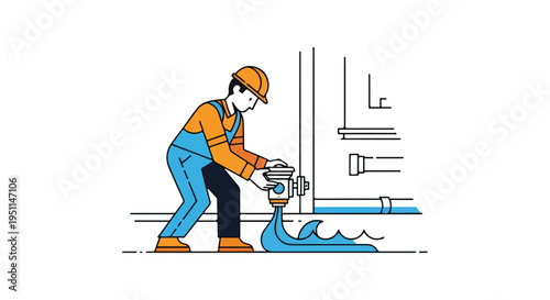 A worker in a hard hat and overalls inspects plumbing pipes with water