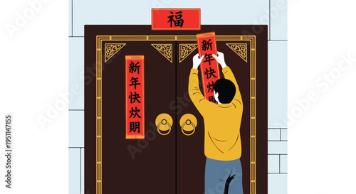 Wallpaper Mural Person decorates door with traditional Chinese New Year couplets and character for fortune Torontodigital.ca